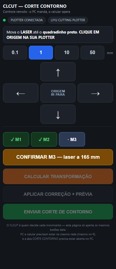 Tela do celular no controle remoto do CLCUT: posição do laser, direcional, botões das marcas M1 a M4 e o envio do corte